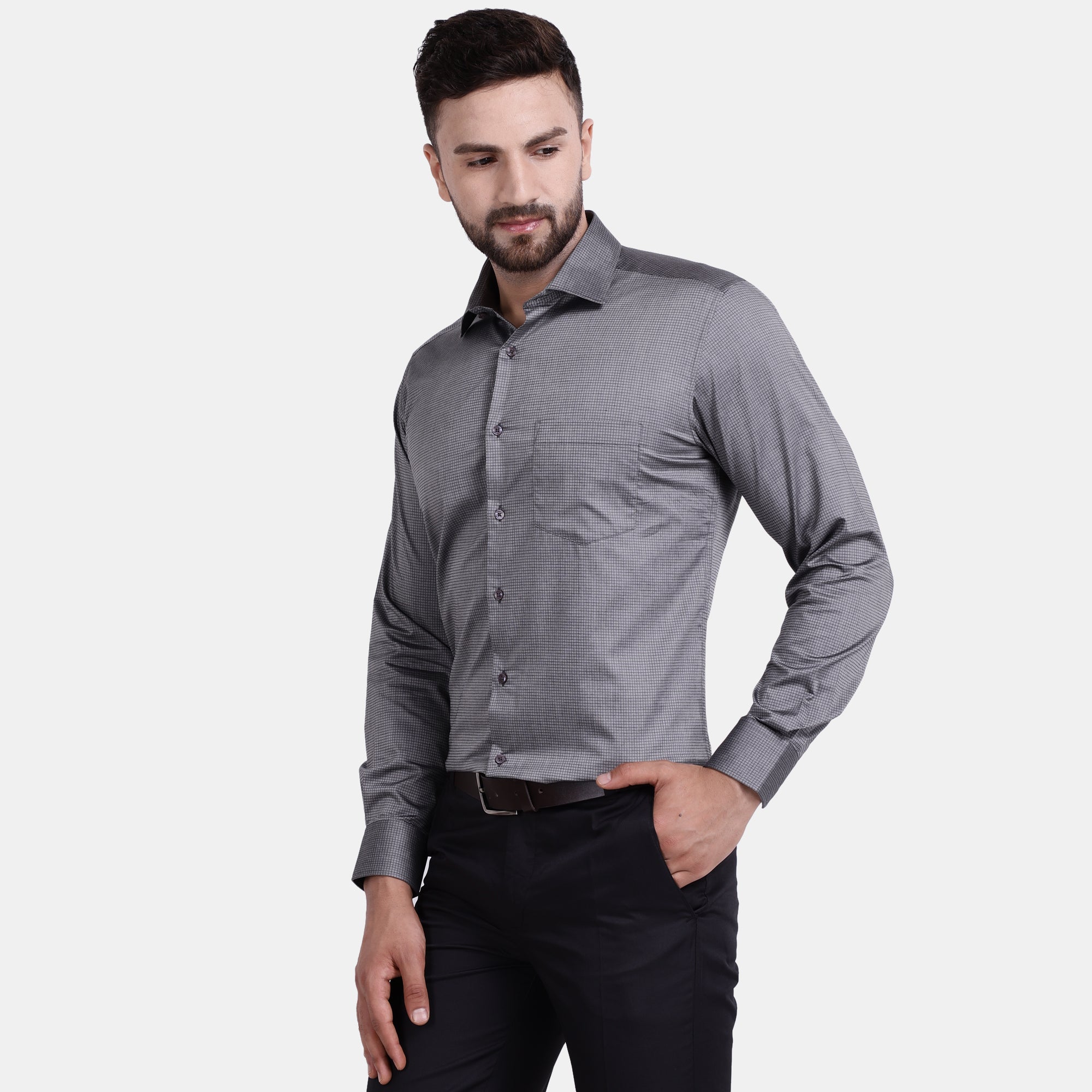 Men's Luthai Supima Mercerised Cotton Twill Small Check Jacquard Design Regular Fit Dress Shirt